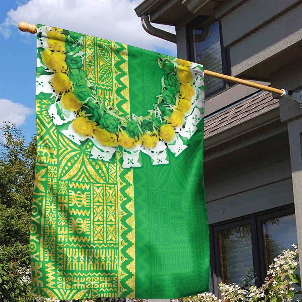 Fiji Lovoni Garden Flag Fijian Tapa Salusalu Green Glitter