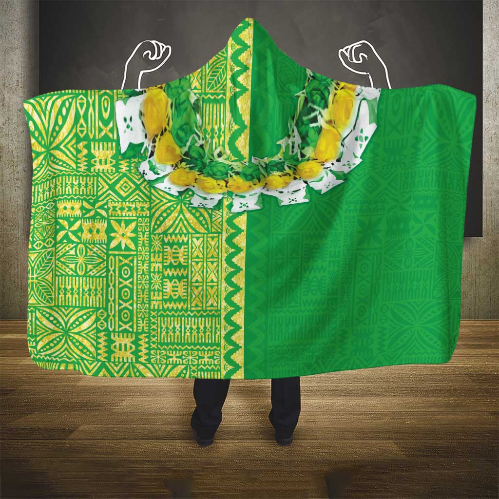 Fiji Lovoni Hooded Blanket Fijian Tapa Salusalu Green Glitter LT05 - Polynesian Pride