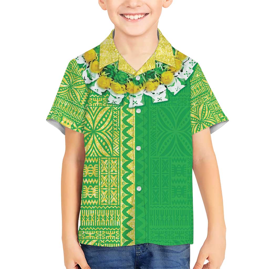 Fiji Lovoni Kid Hawaiian Shirt Fijian Tapa Salusalu Green Glitter