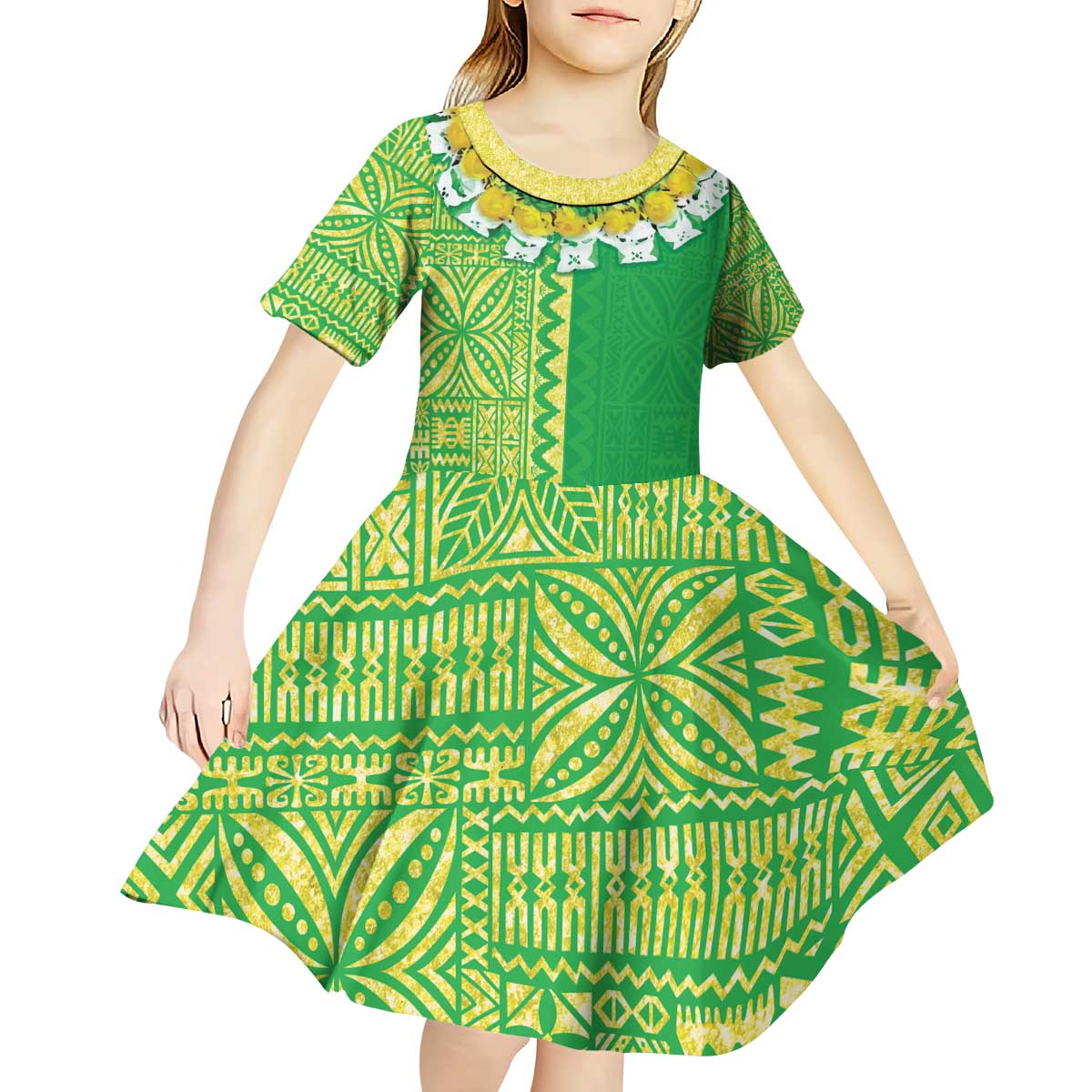 Fiji Lovoni Kid Short Sleeve Dress Fijian Tapa Salusalu Green Glitter