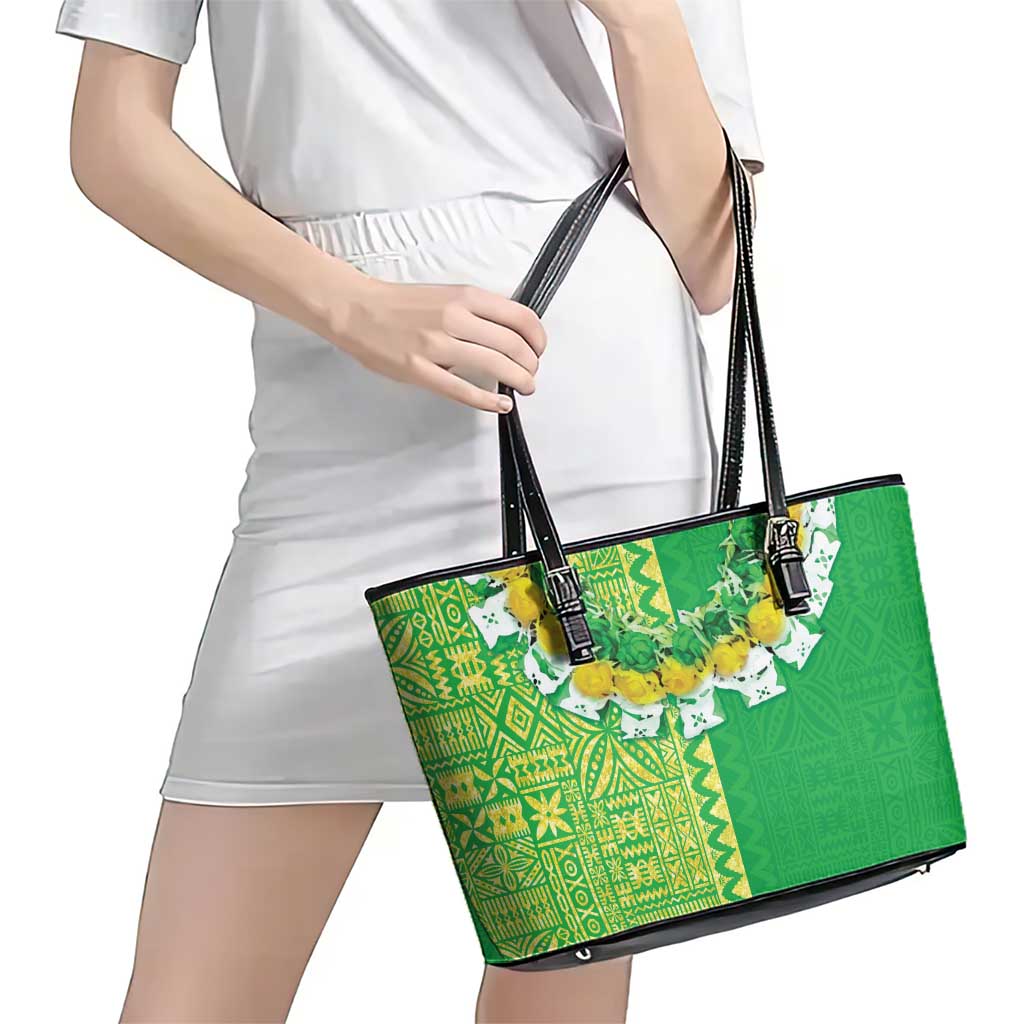 Fiji Lovoni Leather Tote Bag Fijian Tapa Salusalu Green Glitter