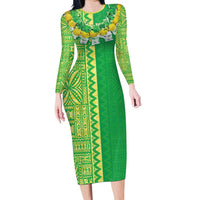 Fiji Lovoni Long Sleeve Bodycon Dress Fijian Tapa Salusalu Green Glitter