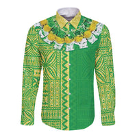 Fiji Lovoni Long Sleeve Button Shirt Fijian Tapa Salusalu Green Glitter