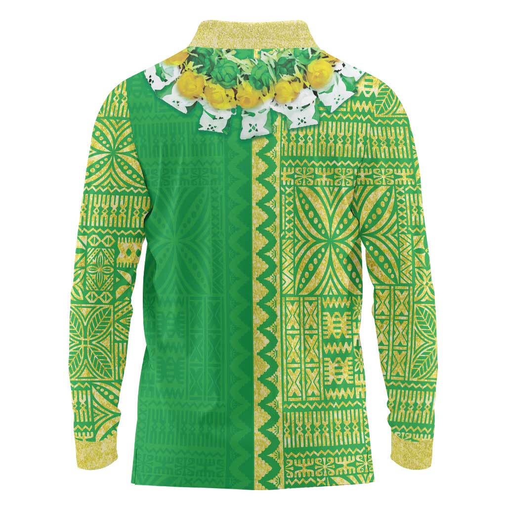 Fiji Lovoni Long Sleeve Polo Shirt Fijian Tapa Salusalu Green Glitter