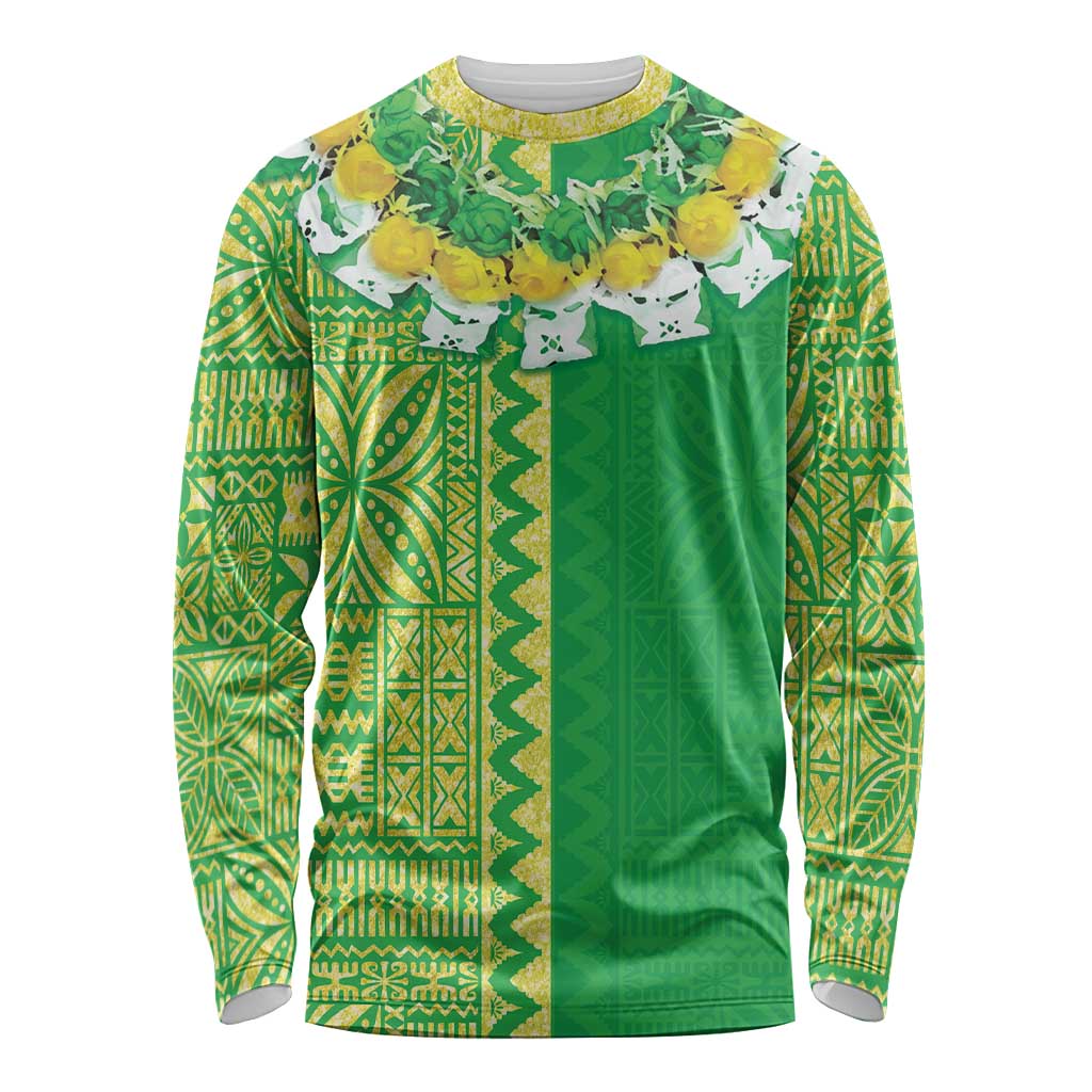 Fiji Lovoni Long Sleeve Shirt Fijian Tapa Salusalu Green Glitter