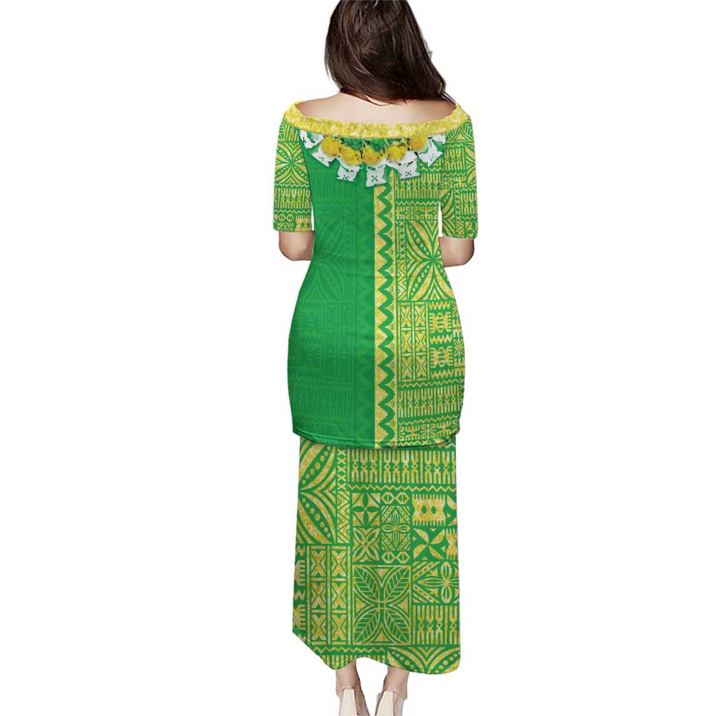 Fiji Lovoni Puletasi Fijian Tapa Salusalu Green Glitter