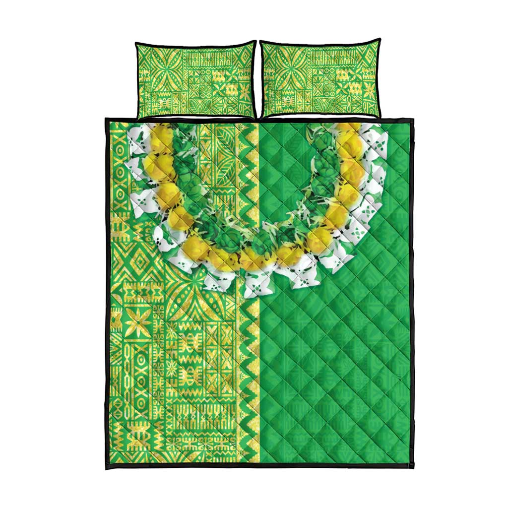 Fiji Lovoni Quilt Bed Set Fijian Tapa Salusalu Green Glitter