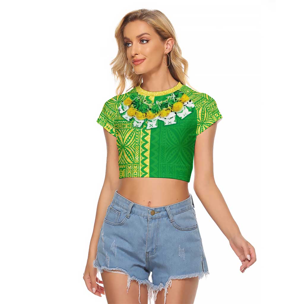 Fiji Lovoni Raglan Cropped T Shirt Fijian Tapa Salusalu Green Glitter