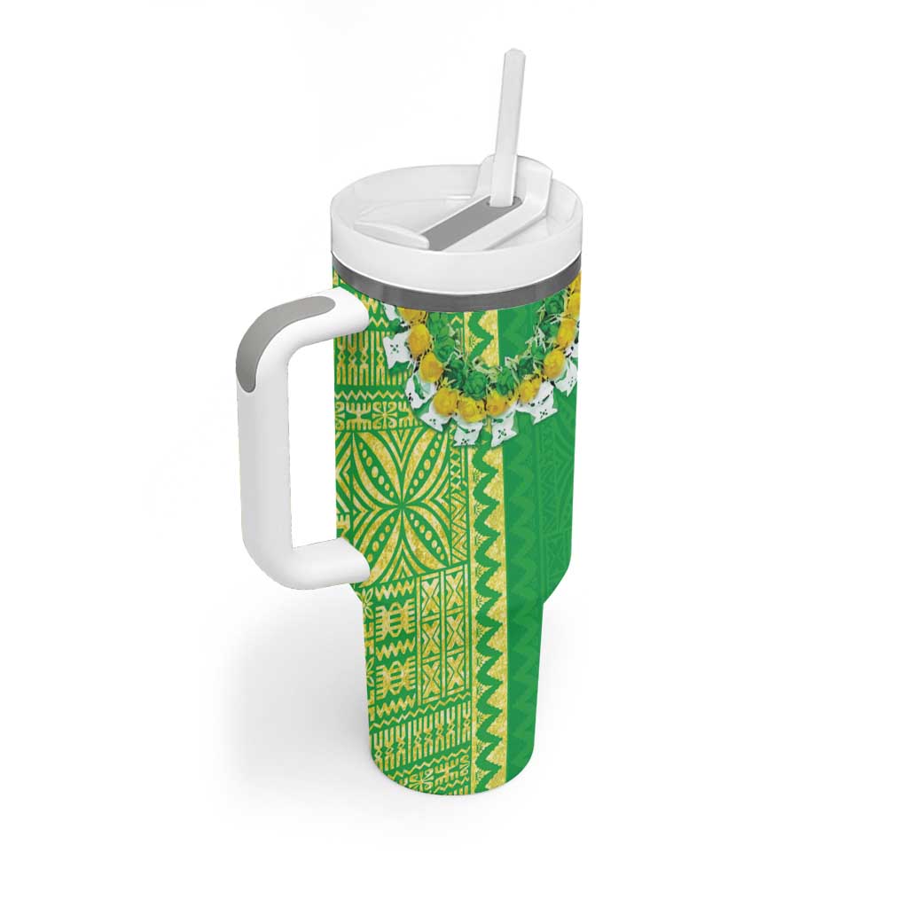 Fiji Lovoni Tumbler With Handle Fijian Tapa Salusalu Green Glitter
