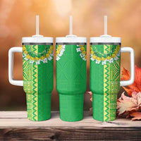 Fiji Lovoni Tumbler With Handle Fijian Tapa Salusalu Green Glitter