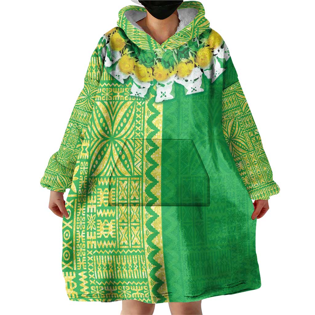 Fiji Lovoni Wearable Blanket Hoodie Fijian Tapa Salusalu Green Glitter