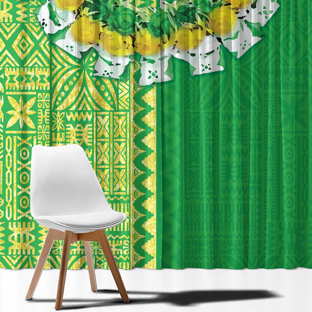 Fiji Lovoni Window Curtain Fijian Tapa Salusalu Green Glitter