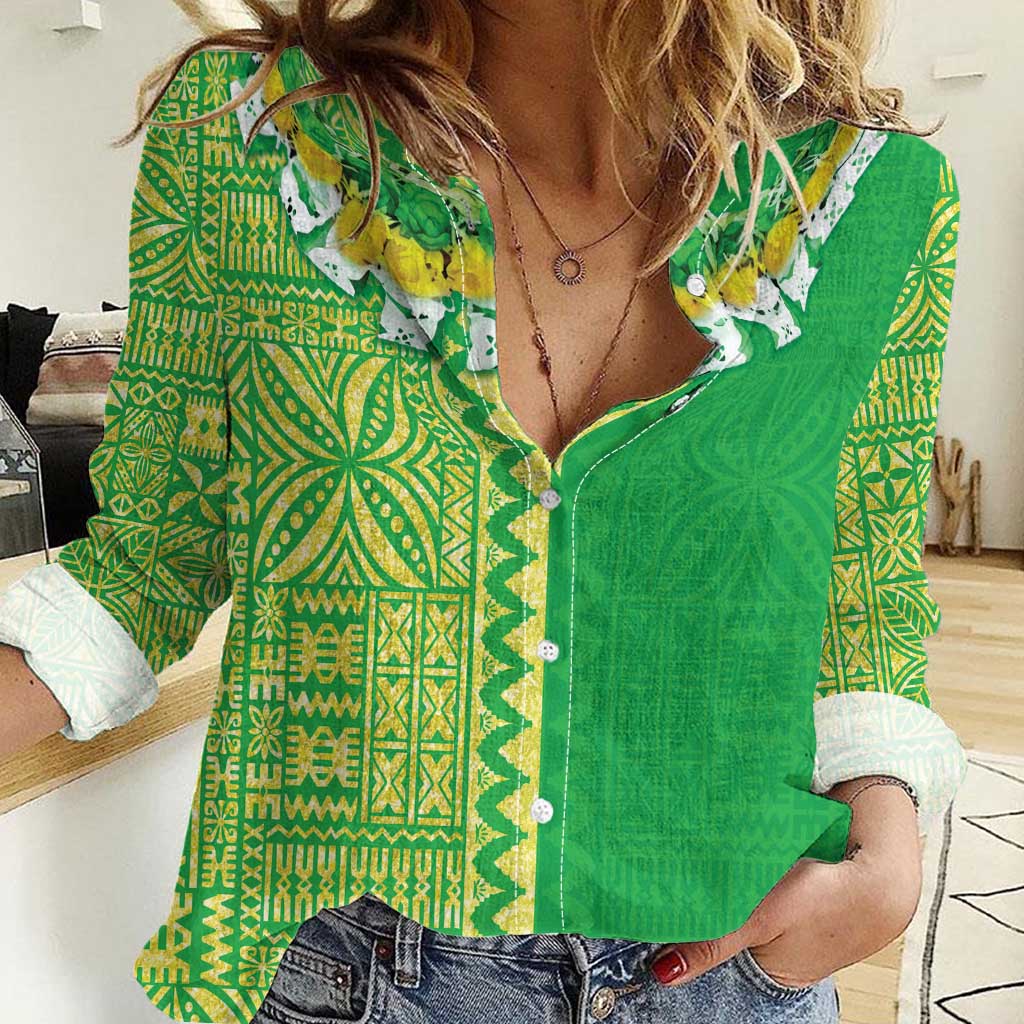 Fiji Lovoni Women Casual Shirt Fijian Tapa Salusalu Green Glitter