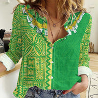 Fiji Lovoni Women Casual Shirt Fijian Tapa Salusalu Green Glitter