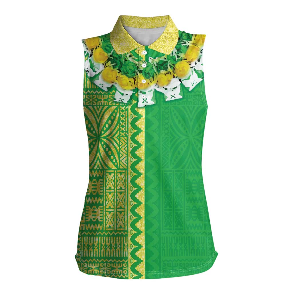 Fiji Lovoni Women Sleeveless Polo Shirt Fijian Tapa Salusalu Green Glitter