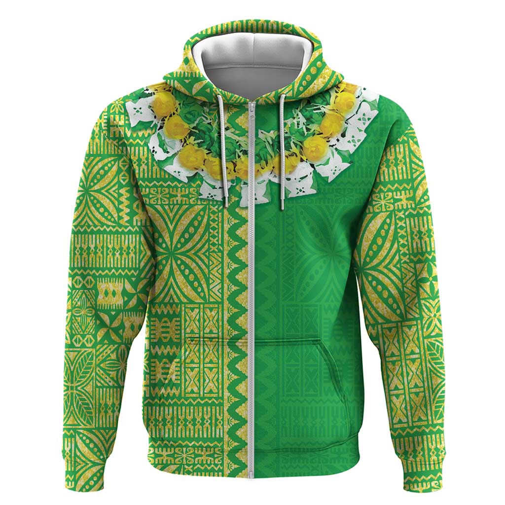 Fiji Lovoni Zip Hoodie Fijian Tapa Salusalu Green Glitter
