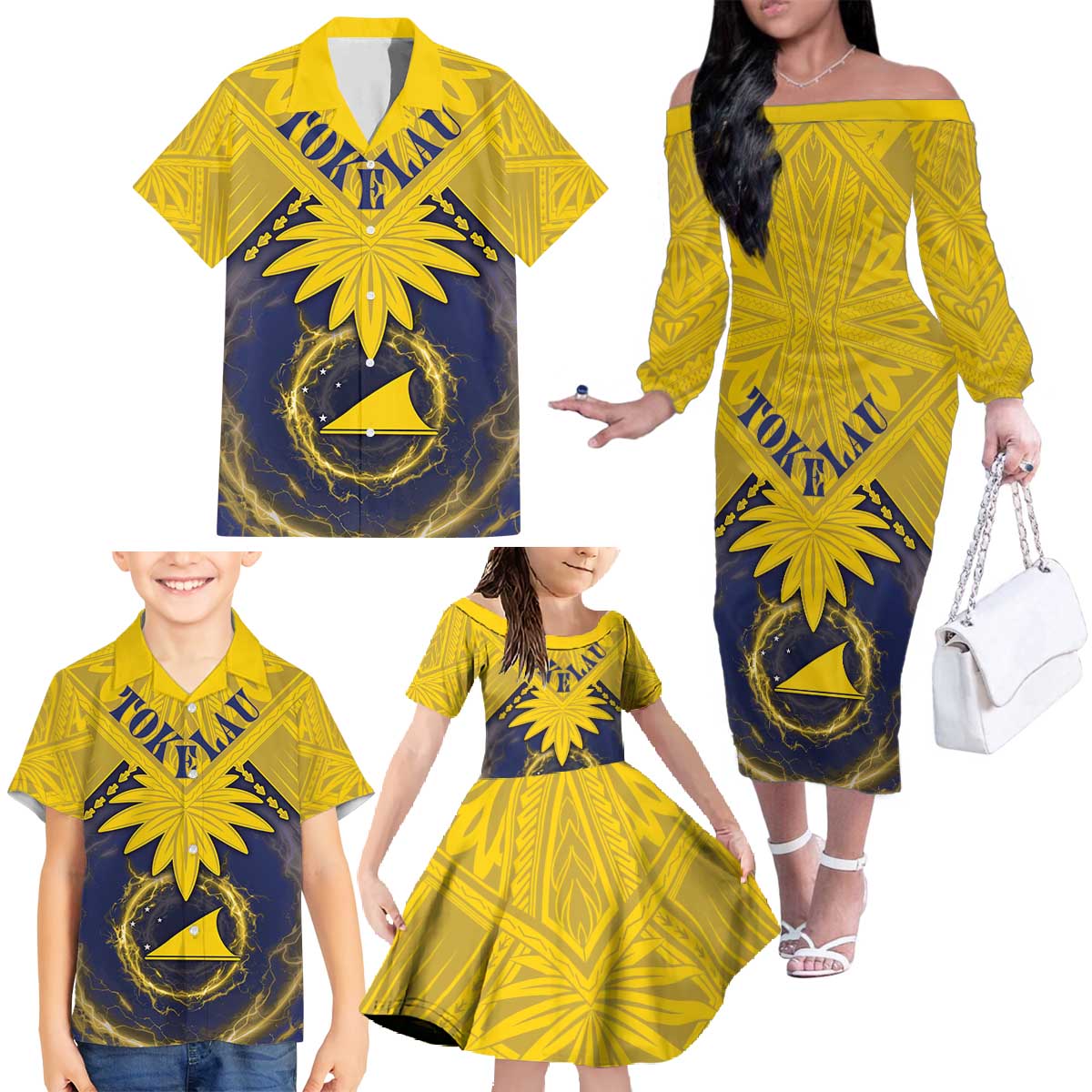 Tokelau Tokehega Day Family Matching Off The Shoulder Long Sleeve Dress and Hawaiian Shirt National Badge Special Style - Polynesian Pride