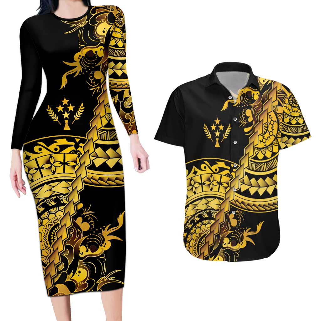 Kosrae Liberation Day Couples Matching Long Sleeve Bodycon Dress and Hawaiian Shirt Polynesian Floral Tattoo - Polynesian Pride