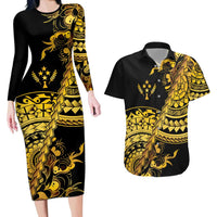 Kosrae Liberation Day Couples Matching Long Sleeve Bodycon Dress and Hawaiian Shirt Polynesian Floral Tattoo - Polynesian Pride