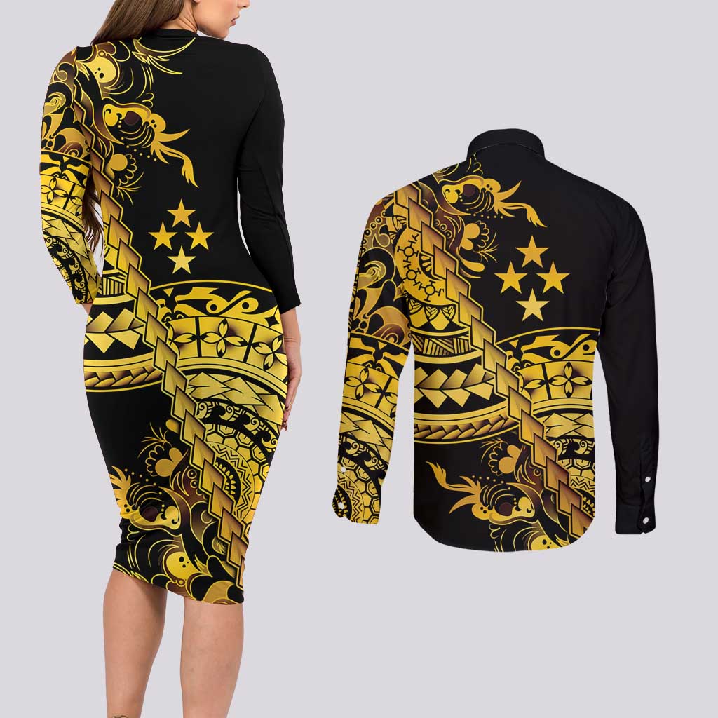 Kosrae Liberation Day Couples Matching Long Sleeve Bodycon Dress and Long Sleeve Button Shirt Polynesian Floral Tattoo - Polynesian Pride