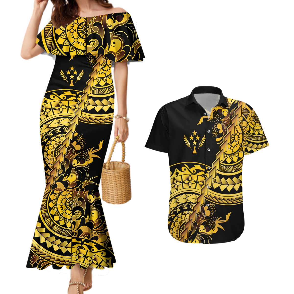 Kosrae Liberation Day Couples Matching Mermaid Dress and Hawaiian Shirt Polynesian Floral Tattoo - Polynesian Pride