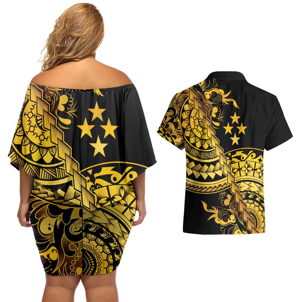 Kosrae Liberation Day Couples Matching Off Shoulder Short Dress and Hawaiian Shirt Polynesian Floral Tattoo - Polynesian Pride