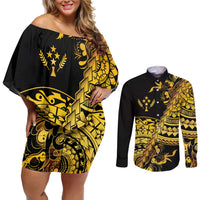 Kosrae Liberation Day Couples Matching Off Shoulder Short Dress and Long Sleeve Button Shirt Polynesian Floral Tattoo - Polynesian Pride