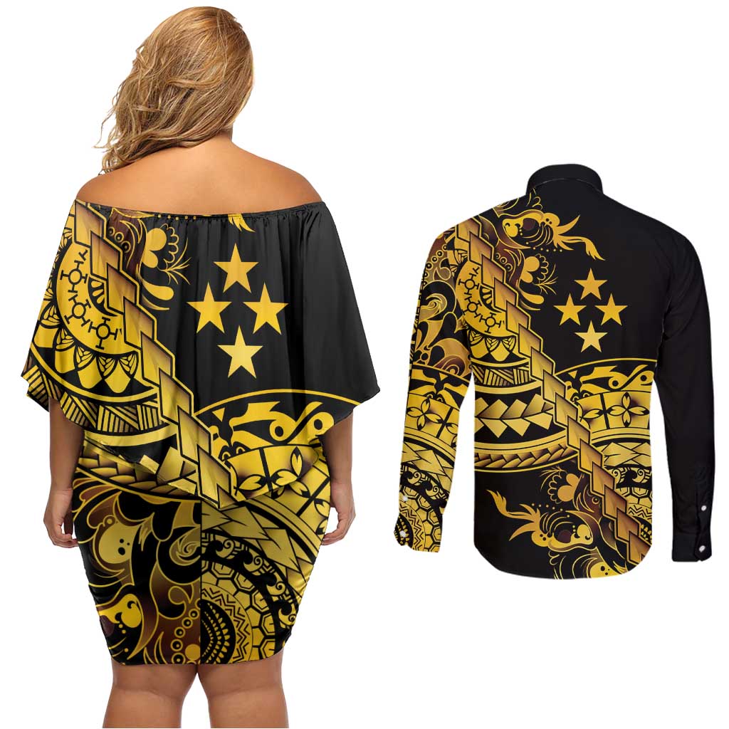 Kosrae Liberation Day Couples Matching Off Shoulder Short Dress and Long Sleeve Button Shirt Polynesian Floral Tattoo - Polynesian Pride