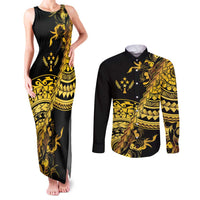 Kosrae Liberation Day Couples Matching Tank Maxi Dress and Long Sleeve Button Shirt Polynesian Floral Tattoo - Polynesian Pride