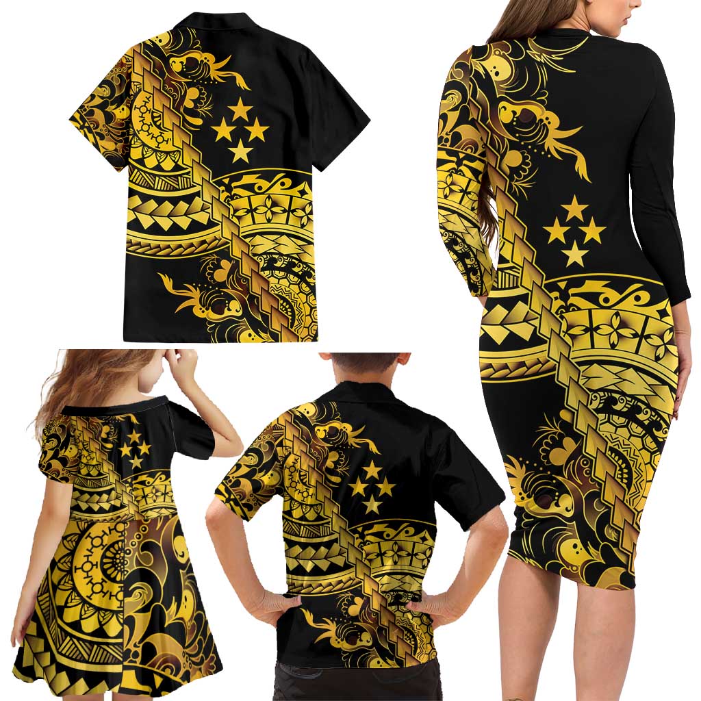 Kosrae Liberation Day Family Matching Long Sleeve Bodycon Dress and Hawaiian Shirt Polynesian Floral Tattoo - Polynesian Pride