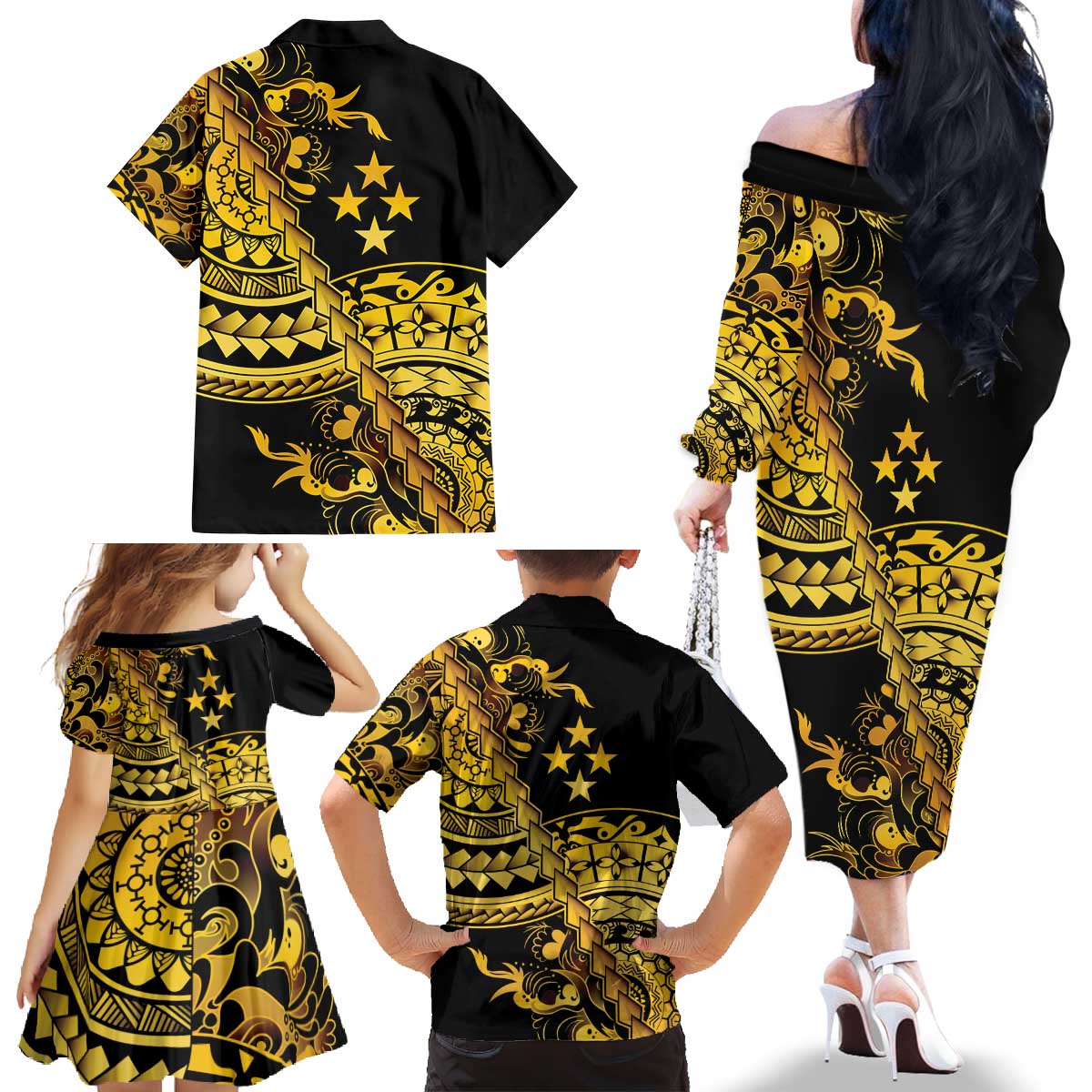 Kosrae Liberation Day Family Matching Off The Shoulder Long Sleeve Dress and Hawaiian Shirt Polynesian Floral Tattoo - Polynesian Pride
