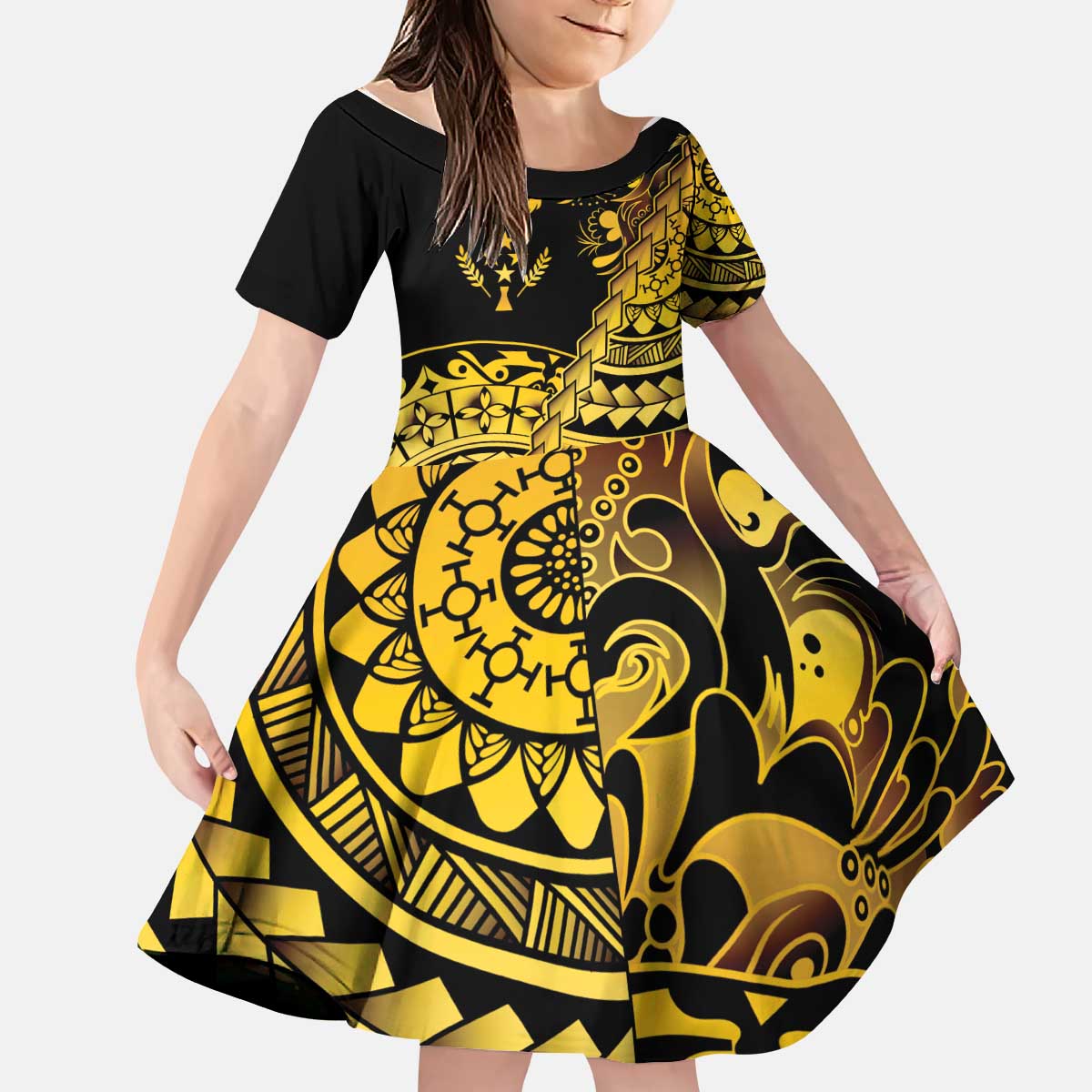 Kosrae Liberation Day Kid Short Sleeve Dress Polynesian Floral Tattoo - Polynesian Pride