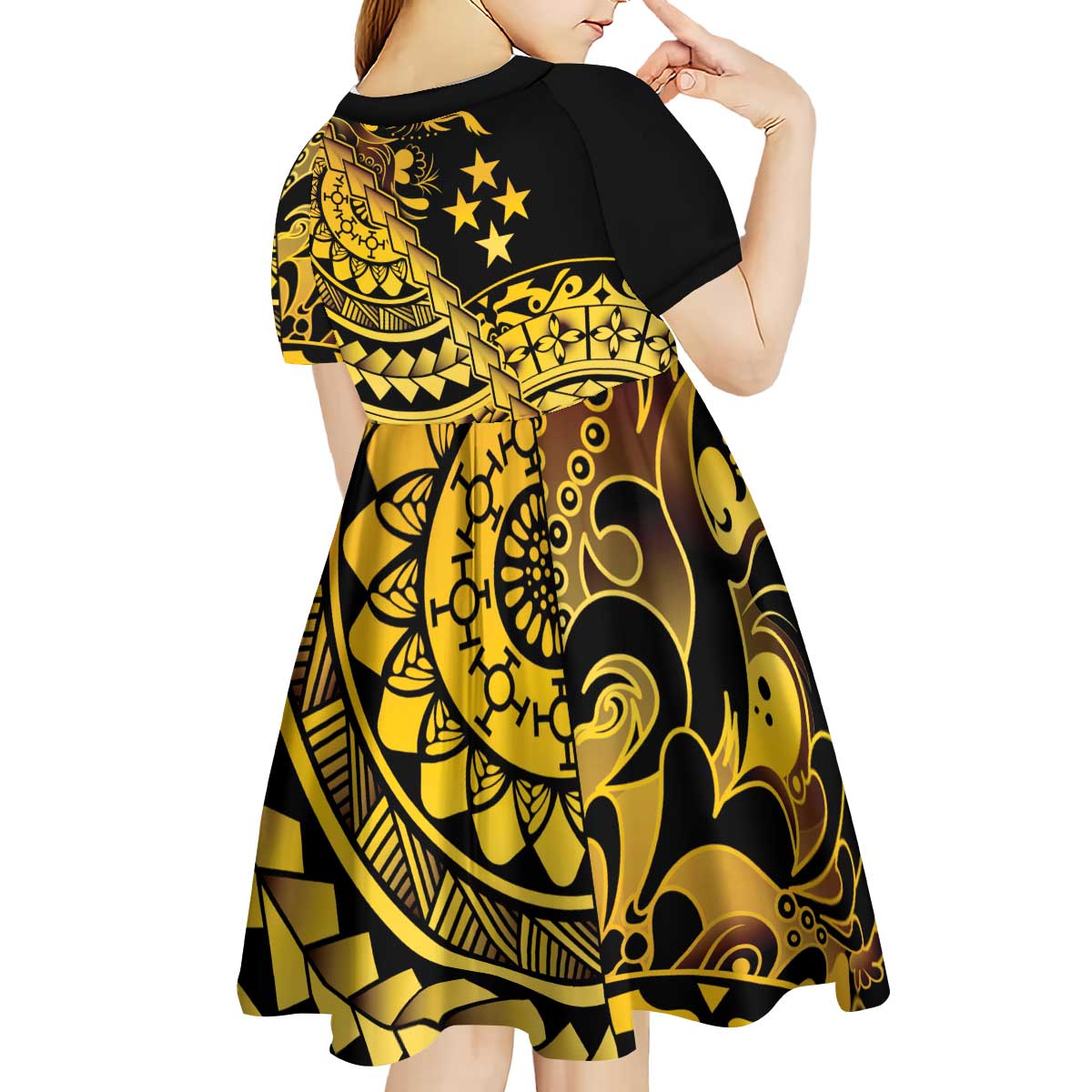 Kosrae Liberation Day Kid Short Sleeve Dress Polynesian Floral Tattoo - Polynesian Pride