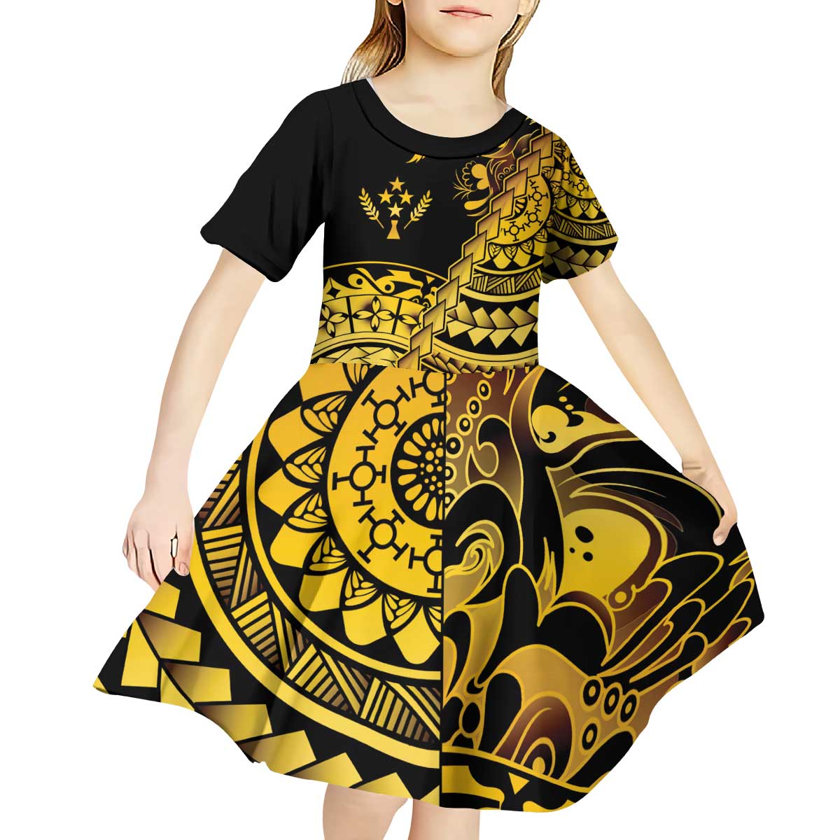 Kosrae Liberation Day Kid Short Sleeve Dress Polynesian Floral Tattoo - Polynesian Pride