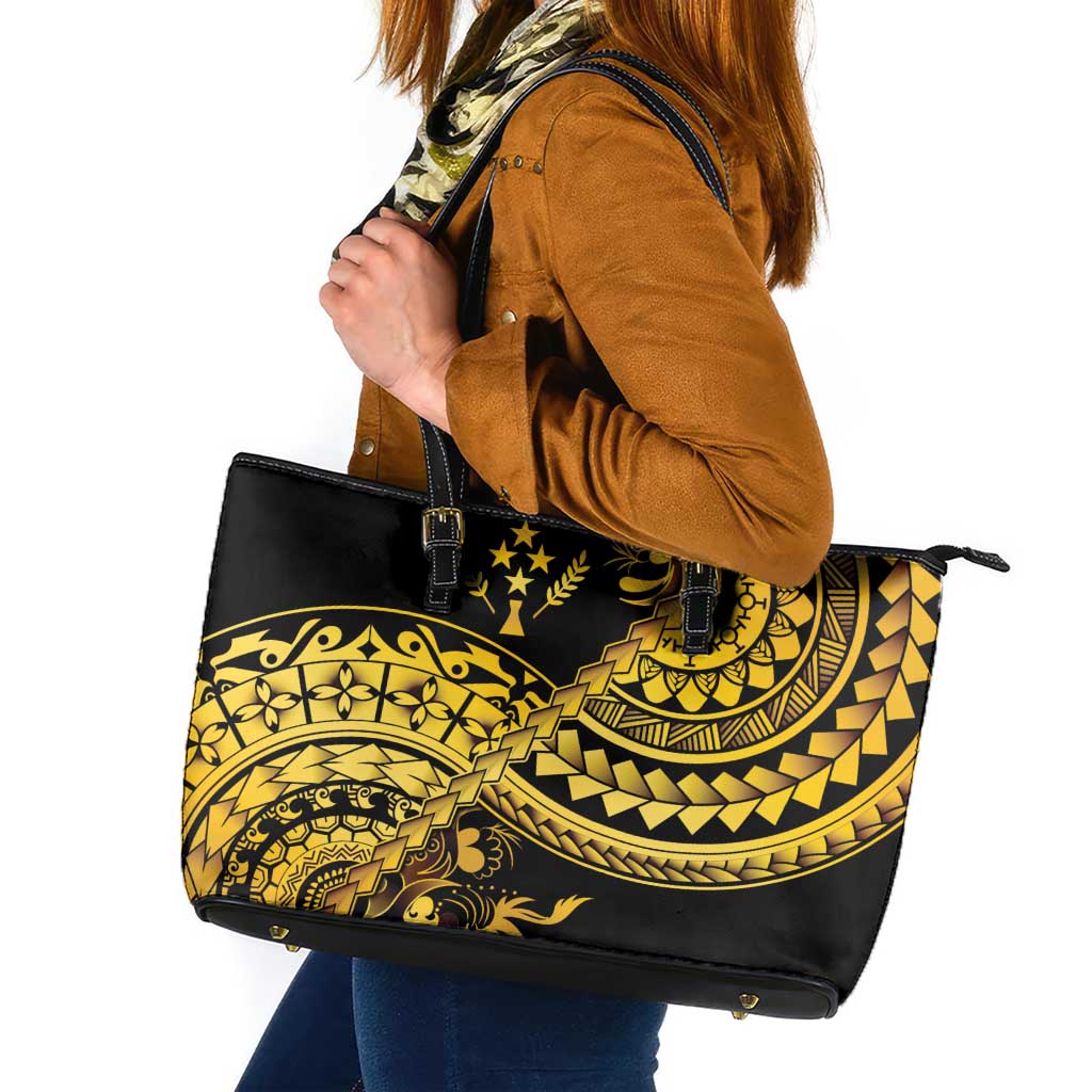 Kosrae Liberation Day Leather Tote Bag Polynesian Floral Tattoo - Polynesian Pride