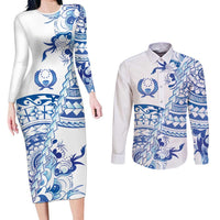 Pohnpei Liberation Day Couples Matching Long Sleeve Bodycon Dress and Long Sleeve Button Shirt Polynesian Floral Tattoo - Polynesian Pride
