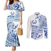 Pohnpei Liberation Day Couples Matching Mermaid Dress and Long Sleeve Button Shirt Polynesian Floral Tattoo - Polynesian Pride