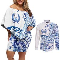 Pohnpei Liberation Day Couples Matching Off Shoulder Short Dress and Long Sleeve Button Shirt Polynesian Floral Tattoo - Polynesian Pride