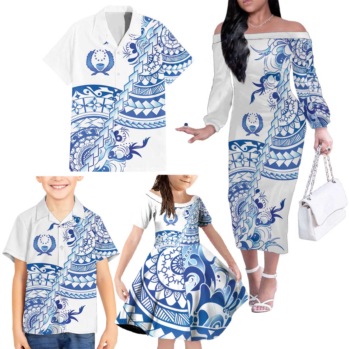 Pohnpei Liberation Day Family Matching Off The Shoulder Long Sleeve Dress and Hawaiian Shirt Polynesian Floral Tattoo - Polynesian Pride