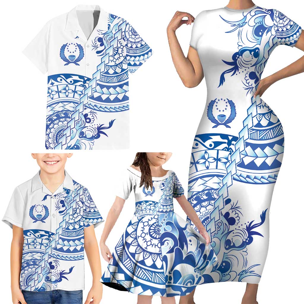 Pohnpei Liberation Day Family Matching Short Sleeve Bodycon Dress and Hawaiian Shirt Polynesian Floral Tattoo - Polynesian Pride