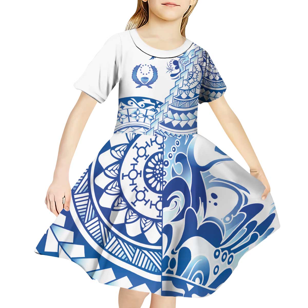Pohnpei Liberation Day Kid Short Sleeve Dress Polynesian Floral Tattoo - Polynesian Pride