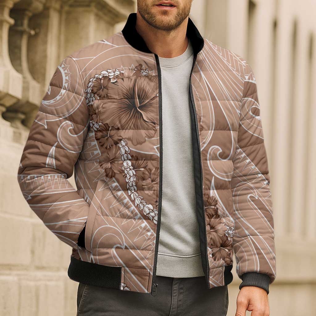 Hawaii Brown Hibiscus Pikake Lei Bomber Puffer Jacket - Polynesian Pride