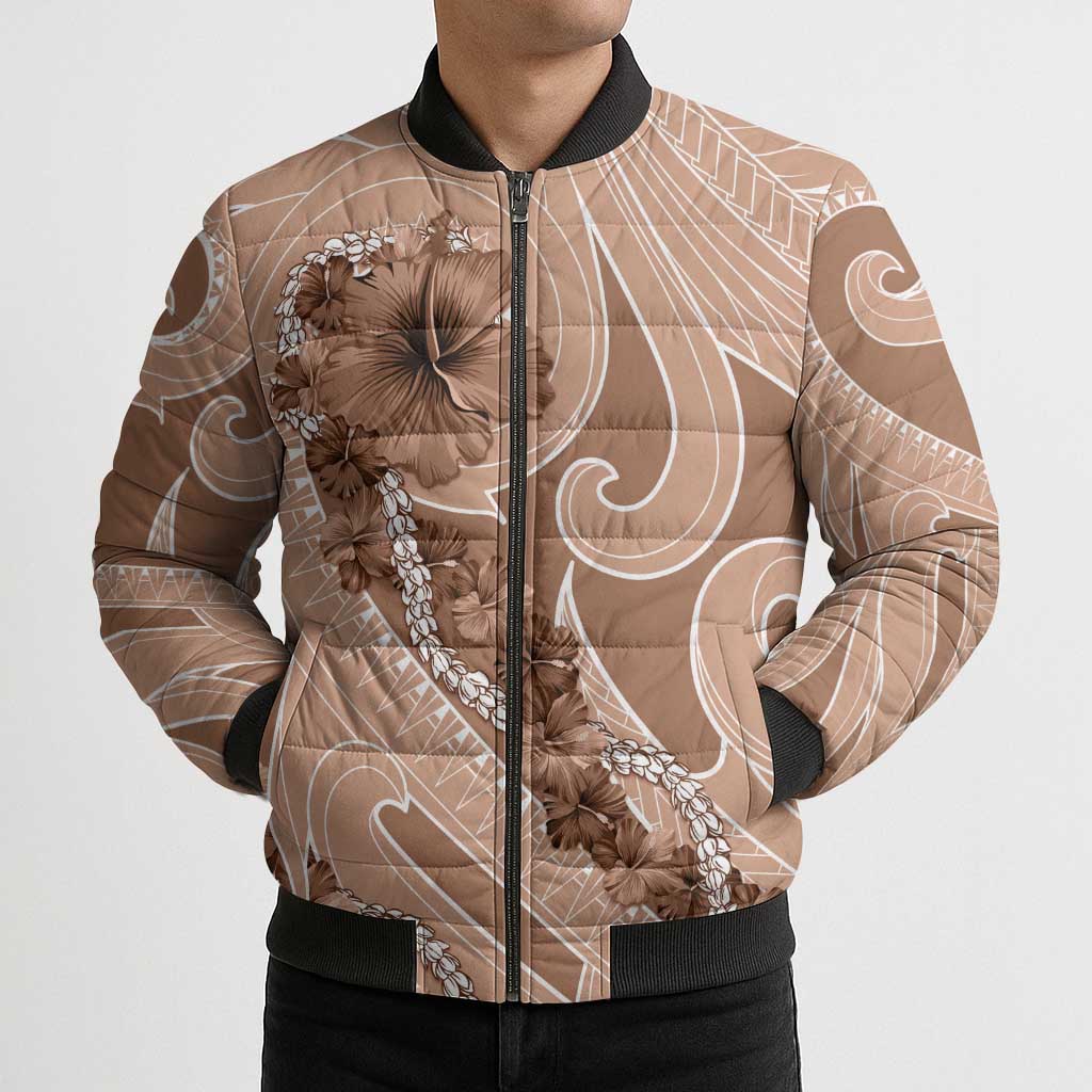 Hawaii Brown Hibiscus Pikake Lei Bomber Puffer Jacket - Polynesian Pride