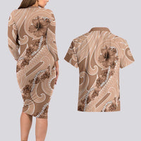 Hawaii Brown Hibiscus Pikake Lei Couples Matching Long Sleeve Bodycon Dress and Hawaiian Shirt - Polynesian Pride