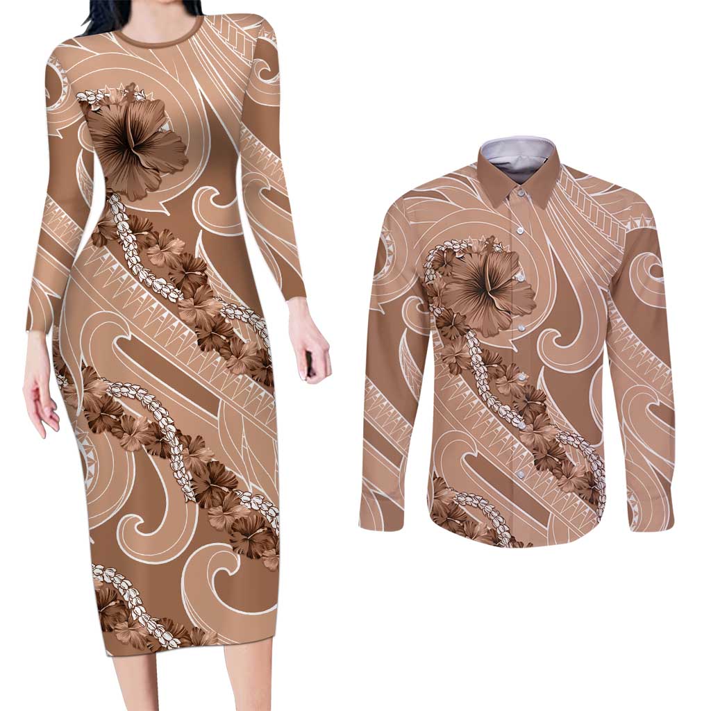 Hawaii Brown Hibiscus Pikake Lei Couples Matching Long Sleeve Bodycon Dress and Long Sleeve Button Shirt - Polynesian Pride
