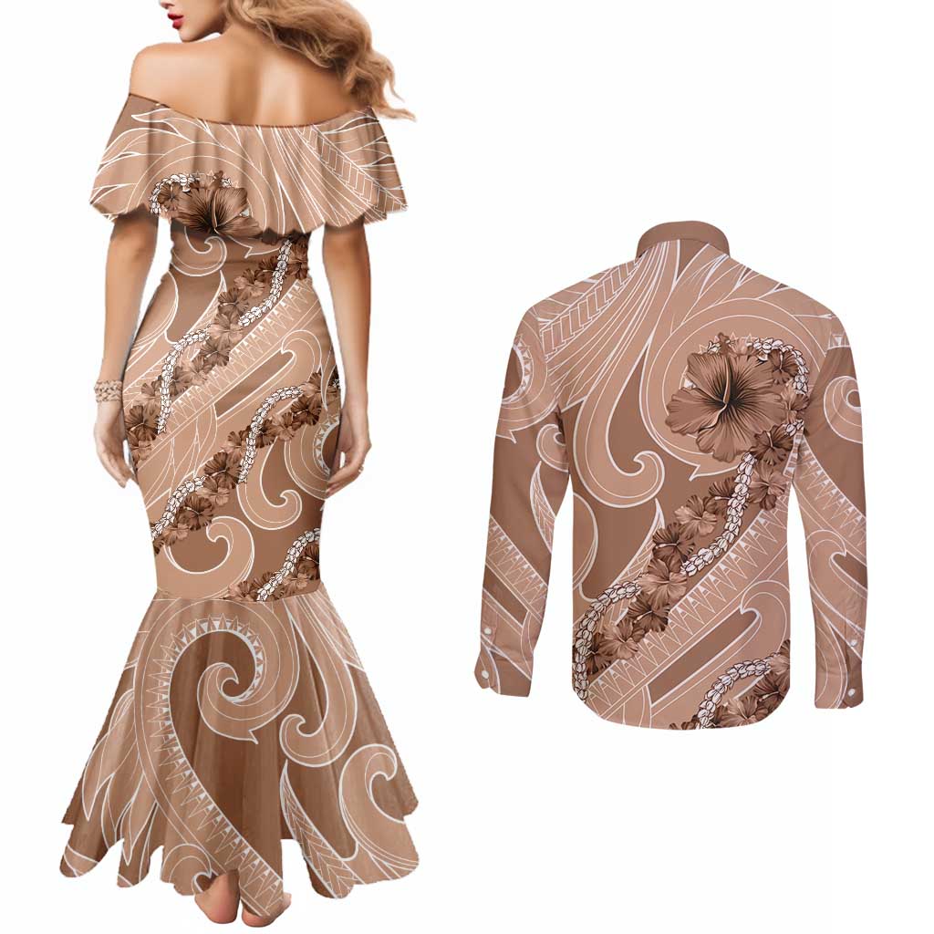 Hawaii Brown Hibiscus Pikake Lei Couples Matching Mermaid Dress and Long Sleeve Button Shirt - Polynesian Pride