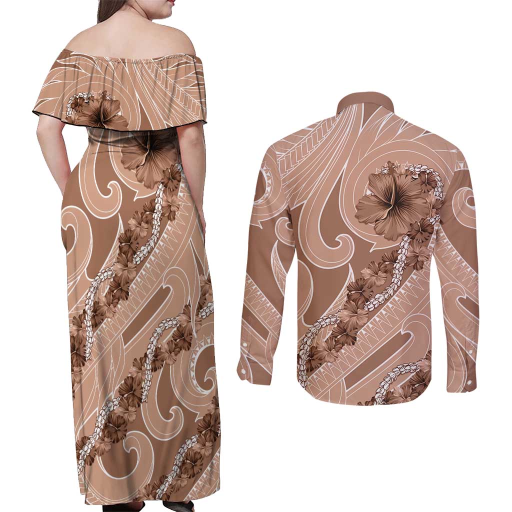 Hawaii Brown Hibiscus Pikake Lei Couples Matching Off Shoulder Maxi Dress and Long Sleeve Button Shirt - Polynesian Pride