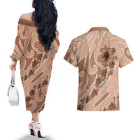 Hawaii Brown Hibiscus Pikake Lei Couples Matching Off The Shoulder Long Sleeve Dress and Hawaiian Shirt - Polynesian Pride