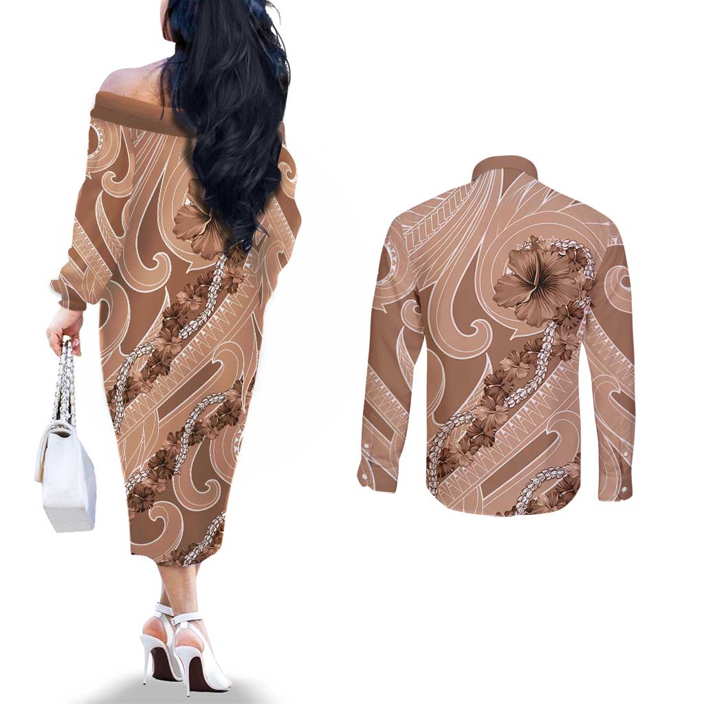 Hawaii Brown Hibiscus Pikake Lei Couples Matching Off The Shoulder Long Sleeve Dress and Long Sleeve Button Shirt - Polynesian Pride