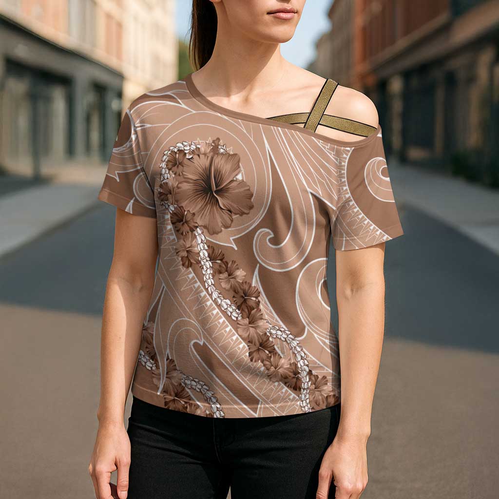Hawaii Brown Hibiscus Pikake Lei Cross Shoulder Shirt - Polynesian Pride